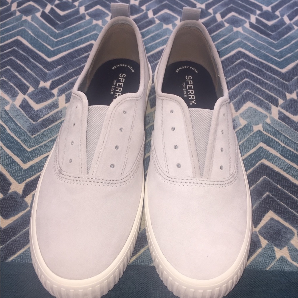 Gray and white Sperry laceless slip-one